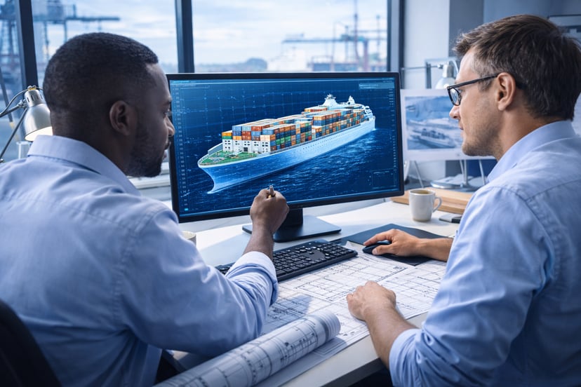 Two men sitting at a desk looking at a CAD image of a container ship on a screens