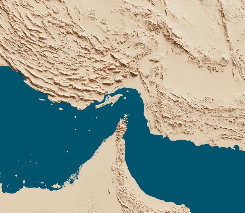 An aerial view of the Strait of Hormuz