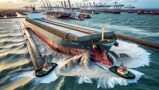 AI generated image of a livestock carrier running aground at a port