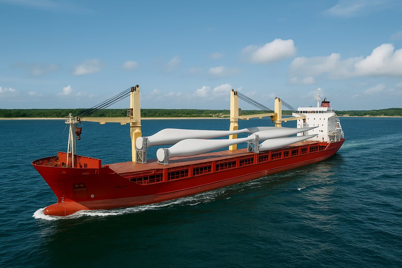 A break bulk carrier vessel with a cargo of wind turbine propellers