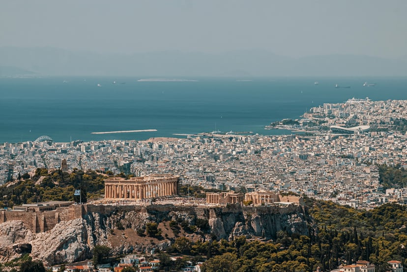 A view across the city of Athens out towards the ocean