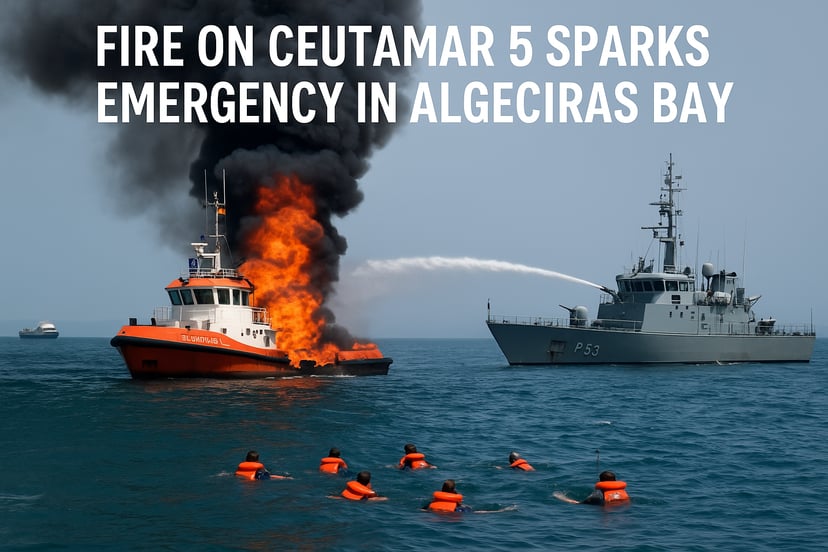 The Ceutamar 5 vessel on fire and being assisted by a navy ship