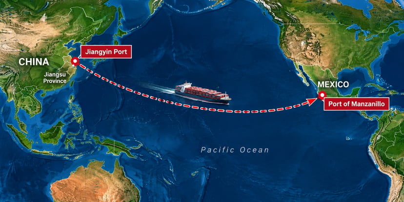 An arrow pointing from Jiangyin Port in Jiangsu China to the Port of Manzanillo in Mexico