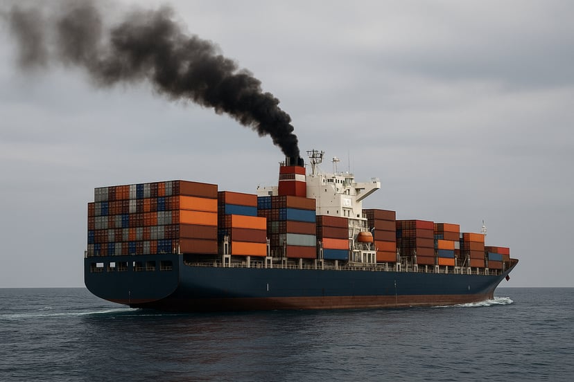 A container ship at sea emitting black smoke from its funnel