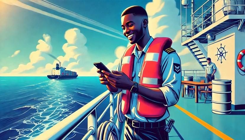 a smiling seafarer on deck working in a maritime job and looking at his phone 