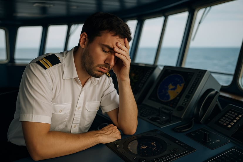 A man working in a seafarer job trying not to fall asleep on the ship's bridge