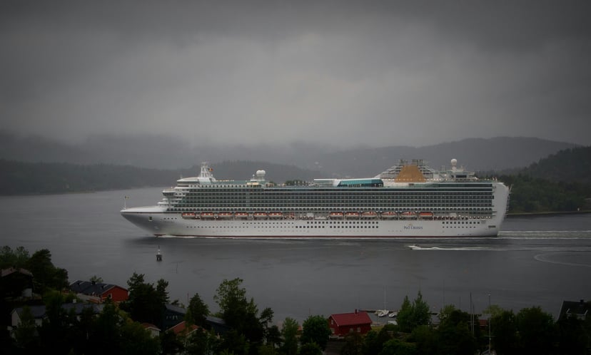 P&O's Ventura cruise ship at sea on a grey, foggy day
