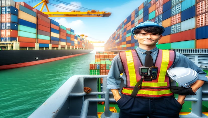 a smiling seafarer standing on the deck of a container ship