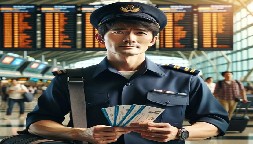 a seafarer at an airport holding flight tickets
