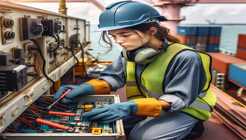 a female electrician working on a cargo ship