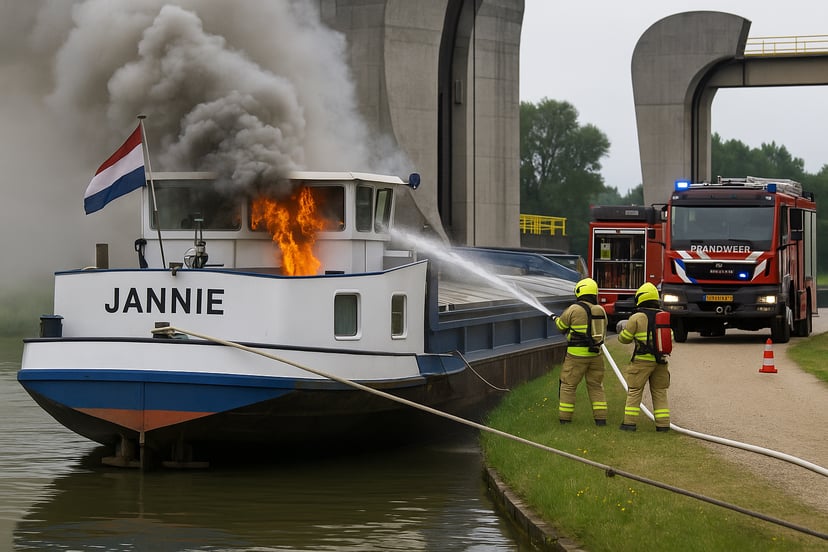 The inland cargo ship, Jannie, on fire with firefighters at the scene