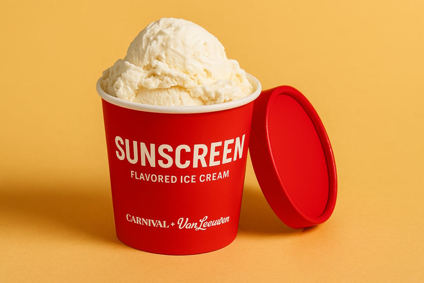 A tub of Carnival and Van Leeuwen's sunscreen flavored ice cream