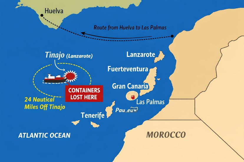 A map of the Canary Islands showing where the containers were lost overboard