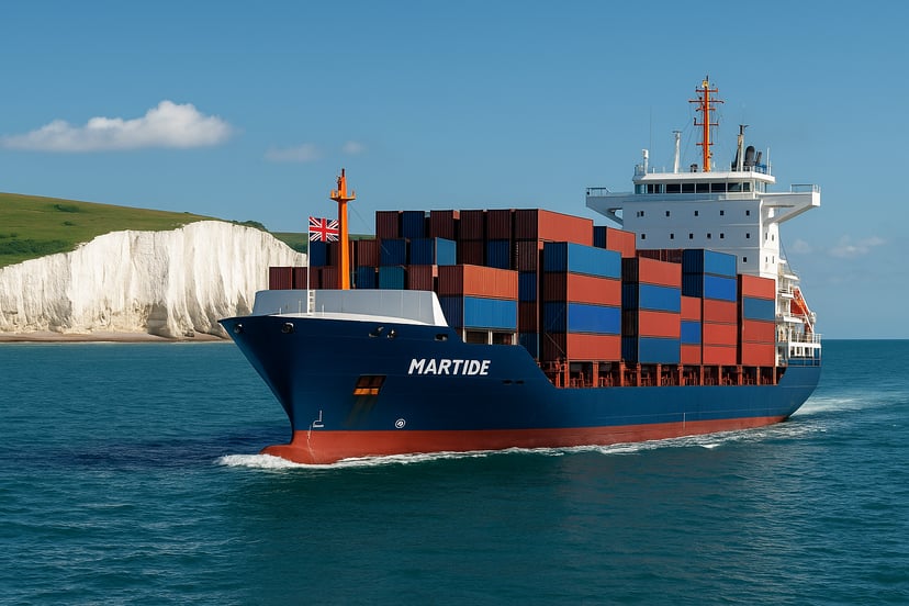 A container ship flying the Union jack and sailing past the White Cliffs of Dover