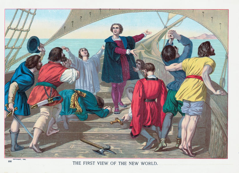 Christopher Colombus and his crew on the bow of their ship sighting the Americas