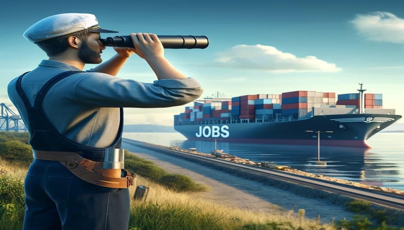 A seafarer looking through a telescope at a container ship that has the words jobs on its hull
