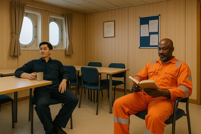two seafarers relaxing in the crew mess - one is drinking coffee and the other is reading a book