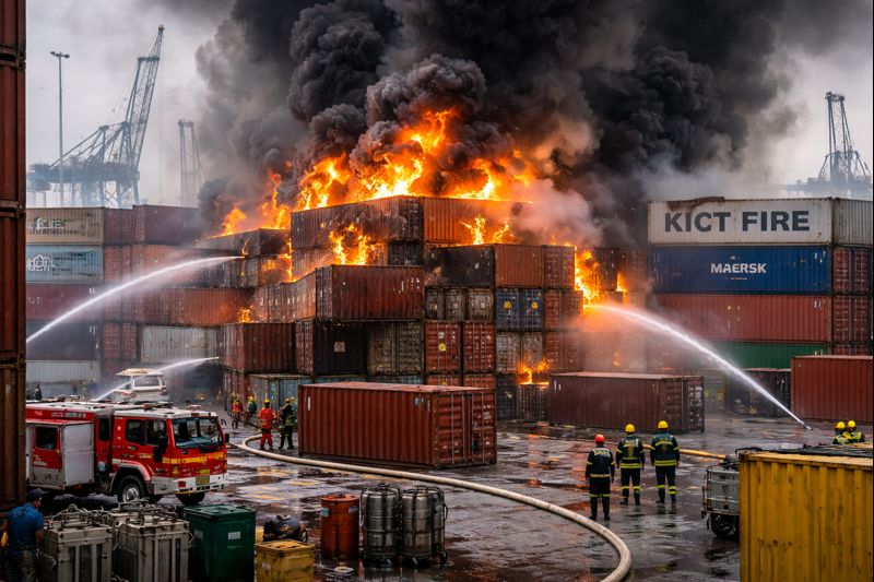 Shipping containers on fire in a port wiht firetrucks extinguishing the blaze