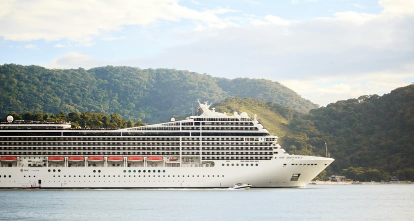 The MSC Magnificia cruise ship sailing past a hilly landscape