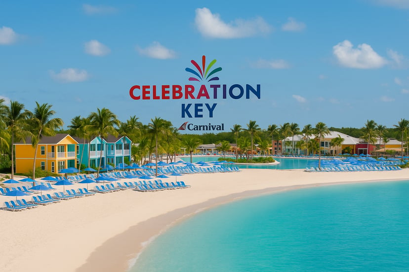 A beach and swimming pool at carnival's Celebration key island