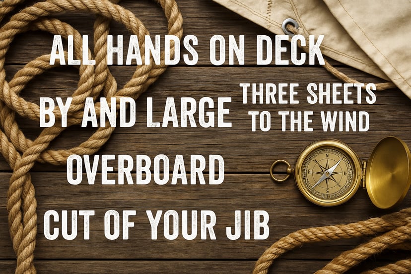 Commonly used nautical expressions overlaid on a wooden deck with a compass, part of a sail and some rope