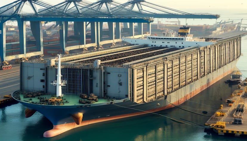 A livestock carrier vessel in port