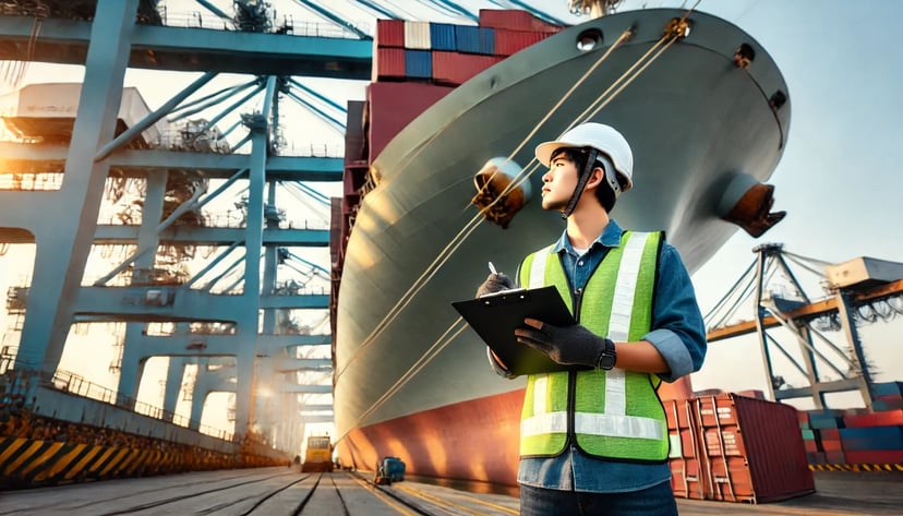 a man working in a shore based maritime job standing on the dock with a clipboard