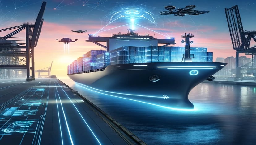 a container ship in a port with drones flying overhead