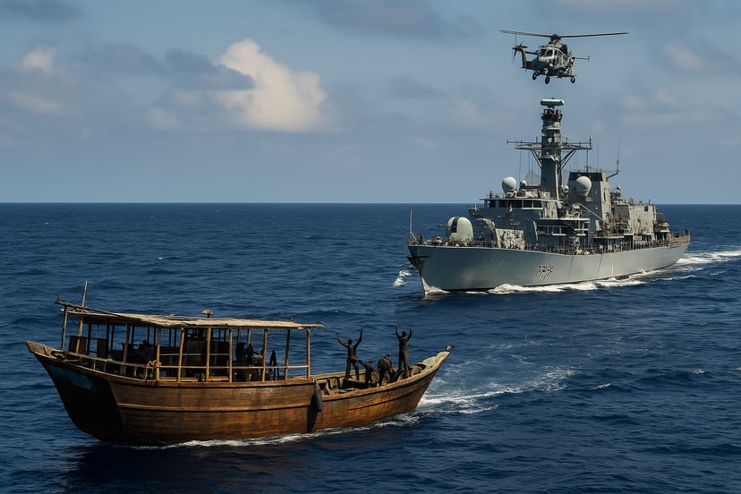 Pirates in a dhow being apprehended by a naval vessel