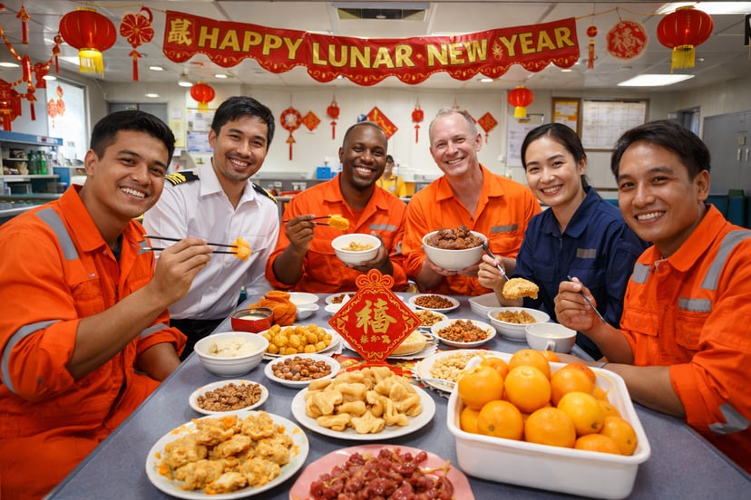 a group of seafarers celebrating Chinese New Year with decorations and snacks in the crew mess