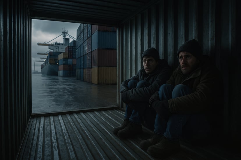 two cold and scared men hiding in an empty shipping container in a port
