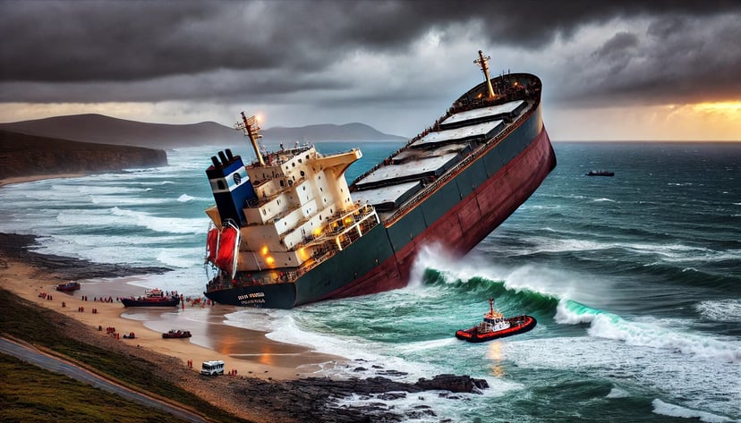 A cargo ship that has run aground and listing 