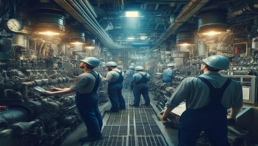marine engineers working in the engine room of a vessel