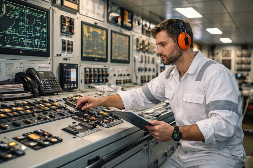 a seafarer working in the engine control room on a ship