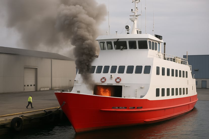a fire in the engine room of a passenger ferry docked in Norway