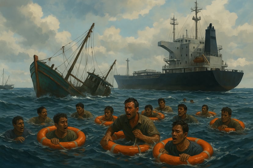 Fishermen clinging to life buoys after a cargo ship has hit their fishing boat