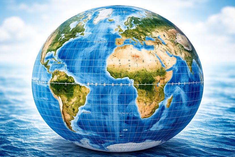 a world globe showing latitude and longitude with an ocean in the background