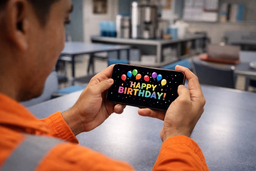 a seafarer in the crew mess looking at a happy birthday GIF on his phone