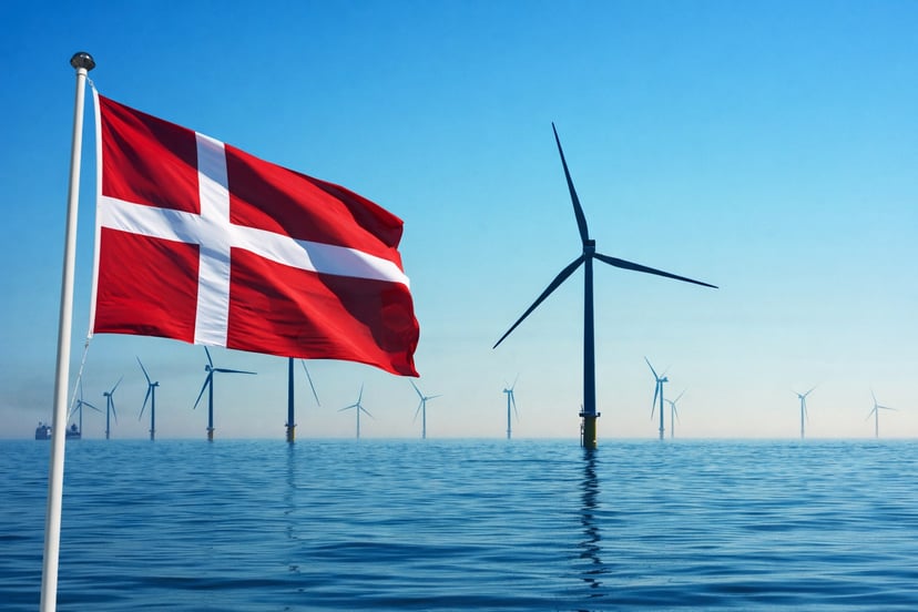An offshore windfarm with a Danish flag in the foreground