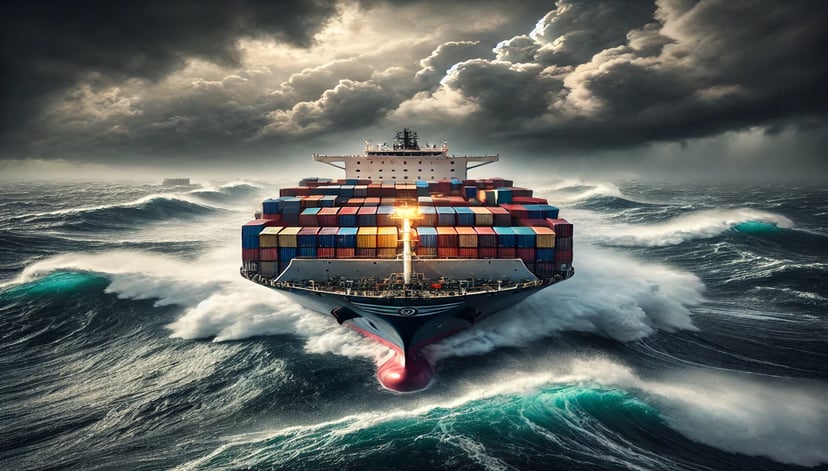 A container ship sailing through rough seas