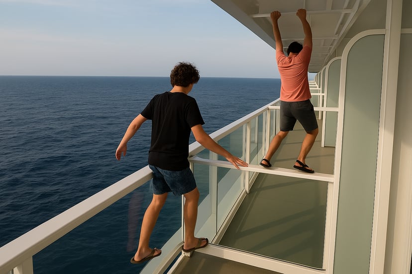 Two teenage boys acting dangerously on a cruise ship balcony