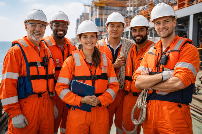 A diverse group of seafarers wearing safety gear on the deck of a ship