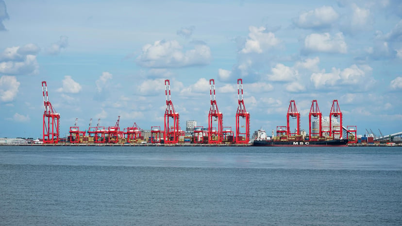 A smaller MSC container ship docked in Liverpool Port in the United Kingdom