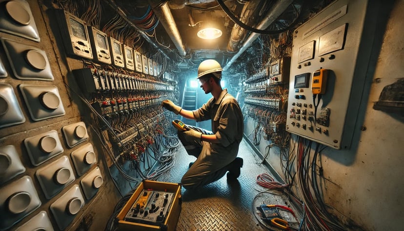 a man working in a ship's electrician job checking electrical systems on a ship