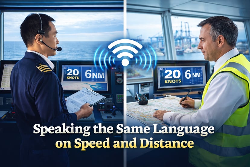 a ship's captain and a man working in a shore based job communicating through technology