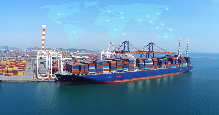 A container ship docked at Shanghai Port, China