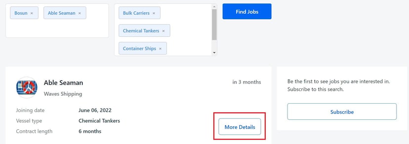 Screenshot of Martide's maritime jobs board and seafarer online resume software