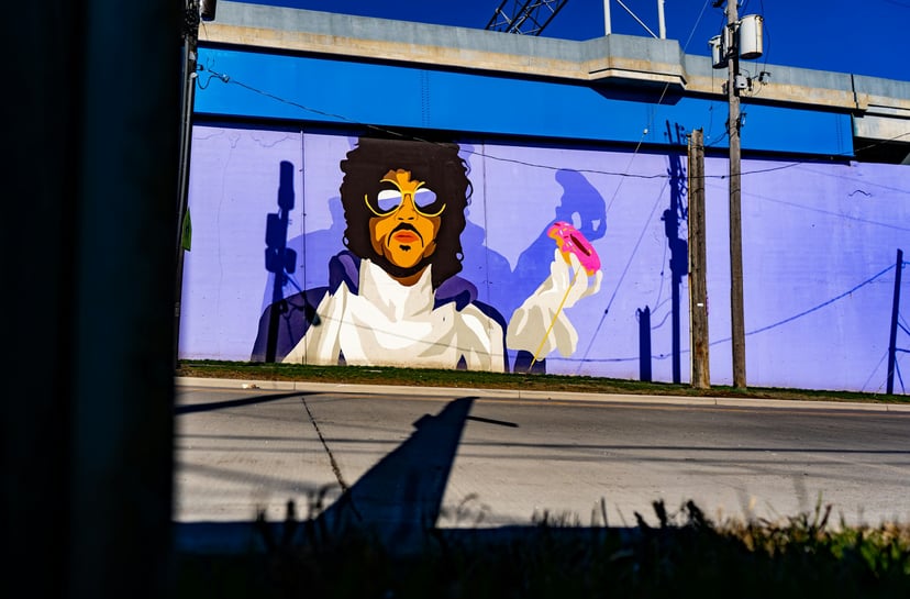 A mural featuring pop star Prince