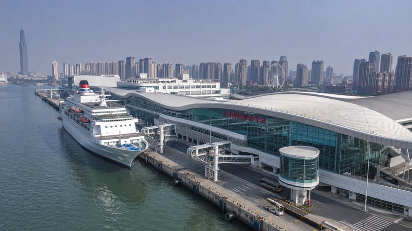 Tianjin, China's international cruise terminal with a docked cruise ship
