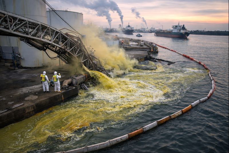 Sulphuric acid spilling into the Houston Ship Channel with two emergency workers standing near the collapsed walkway